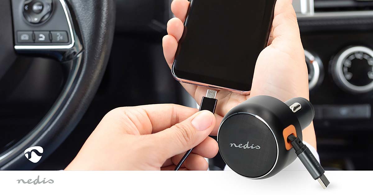 Auto-Ladegerät | 30 W | 2.4 / 3.0 A | Anzahl der Ausgänge: 1 | Aufrollbares USB-C™-Kabel | 0.70 m | Automatische Spannungswahl