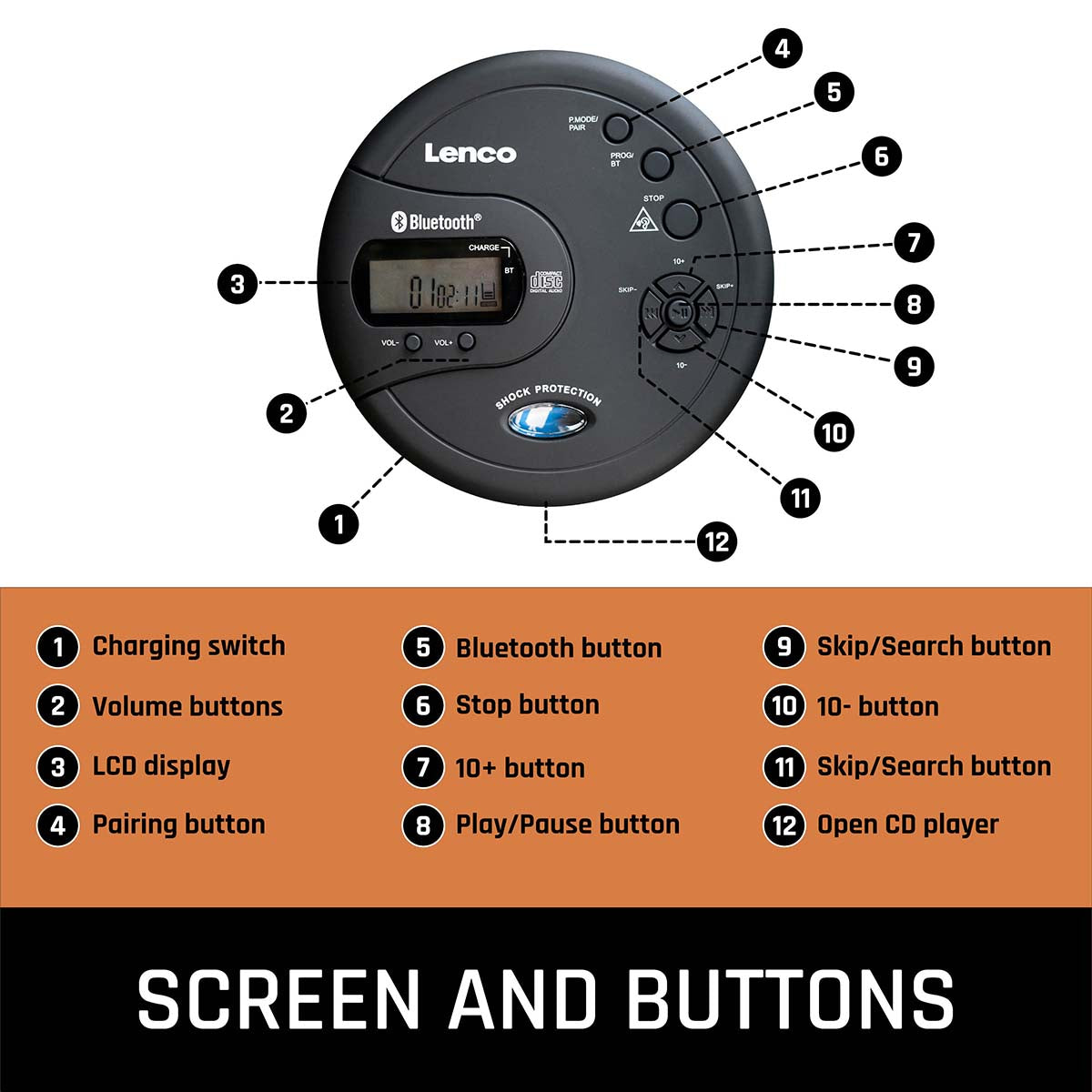 Tragbarer Bluetooth® CD-MP3-Player mit Antiblockiersystem Schwarz