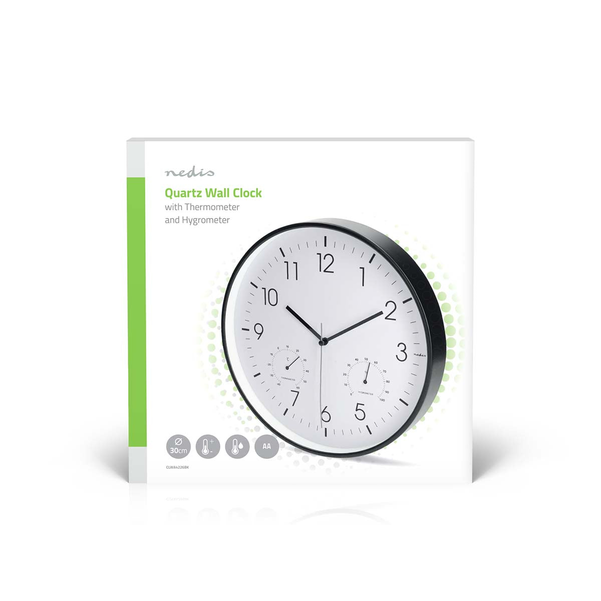 Wanduhr | Durchmesser: 300 mm | Kunststoff | Leise Bewegung | Thermometer | Hygrometer | Schwarz / Weiss