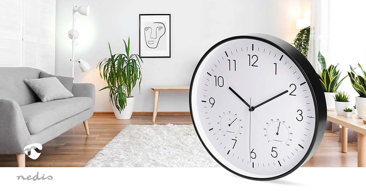 Wanduhr | Durchmesser: 300 mm | Kunststoff | Leise Bewegung | Thermometer | Hygrometer | Schwarz / Weiss