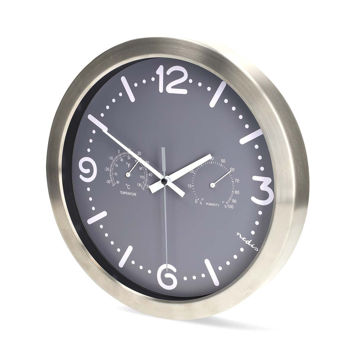 Wanduhr | Durchmesser: 300 mm | Edelstahl | Leise Bewegung | Thermometer | Hygrometer | Grau / Metall