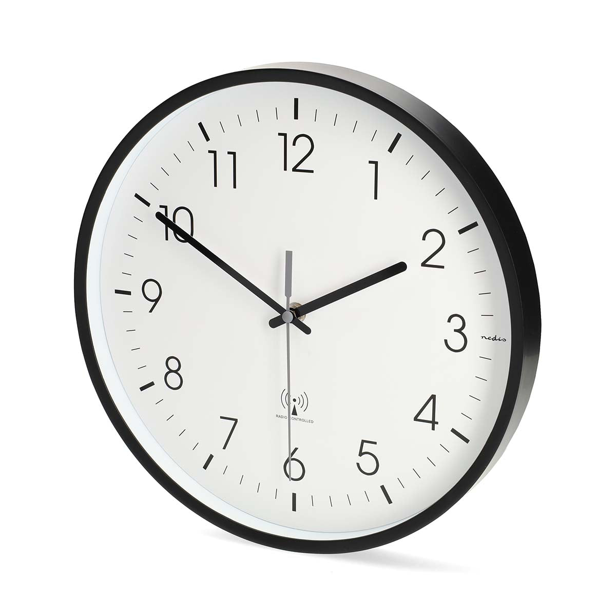 Wanduhr | Durchmesser: 300 mm | Kunststoff | Funkgesteuerte Zeit | Leise Bewegung | Schwarz / Weiss