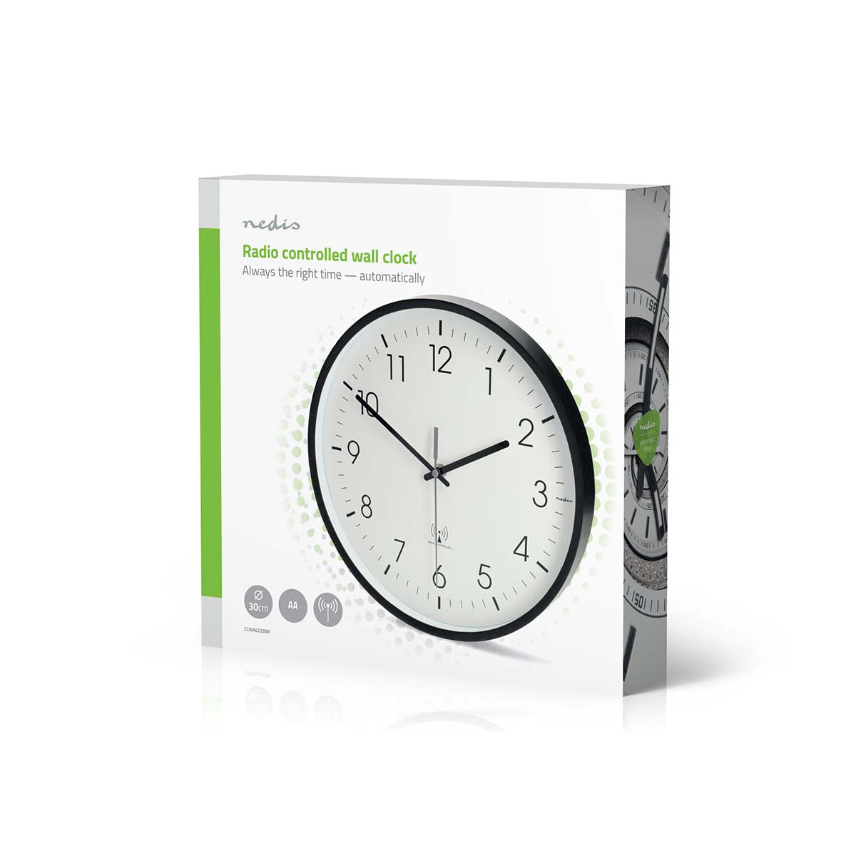 Wanduhr | Durchmesser: 300 mm | Kunststoff | Funkgesteuerte Zeit | Leise Bewegung | Schwarz / Weiss