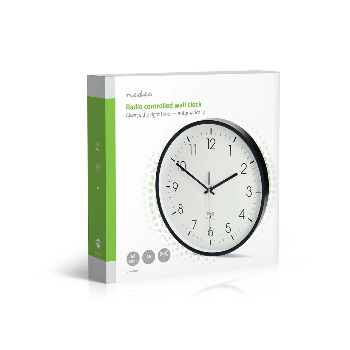 Wanduhr | Durchmesser: 300 mm | Kunststoff | Funkgesteuerte Zeit | Leise Bewegung | Schwarz / Weiss