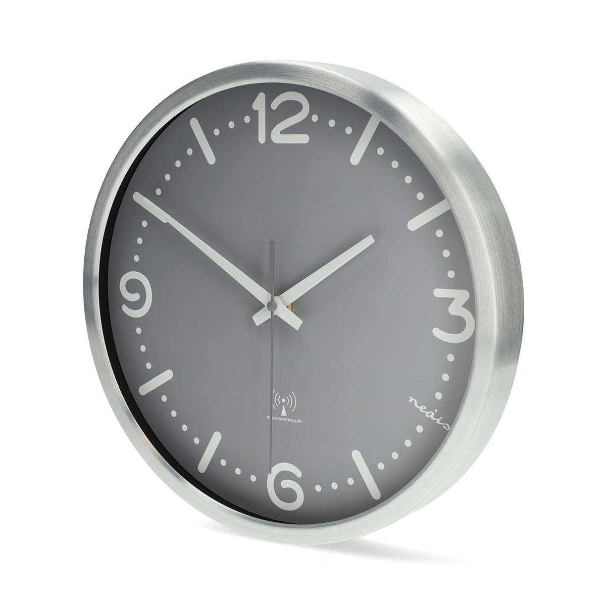 Wanduhr | Durchmesser: 300 mm | Aluminium | Funkgesteuerte Zeit | Leise Bewegung | Grau / Metall