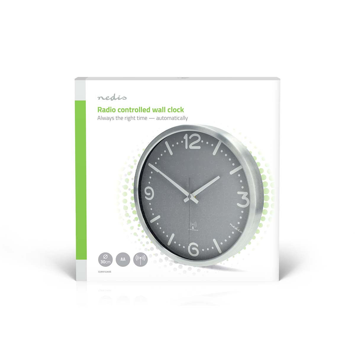 Wanduhr | Durchmesser: 300 mm | Aluminium | Funkgesteuerte Zeit | Leise Bewegung | Grau / Metall