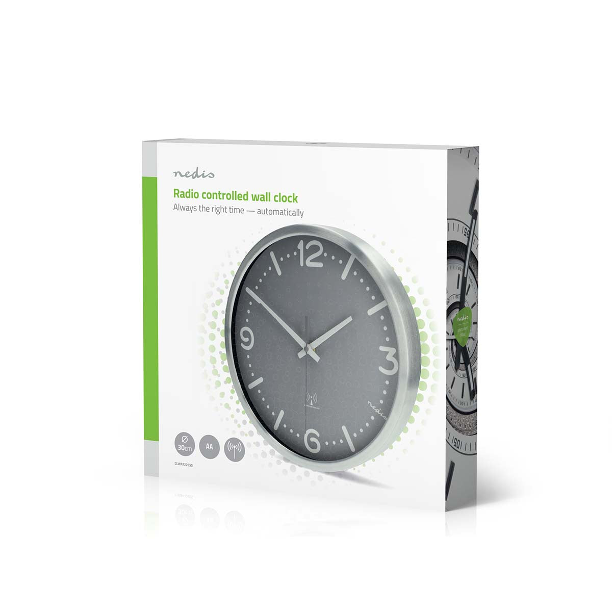 Wanduhr | Durchmesser: 300 mm | Aluminium | Funkgesteuerte Zeit | Leise Bewegung | Grau / Metall