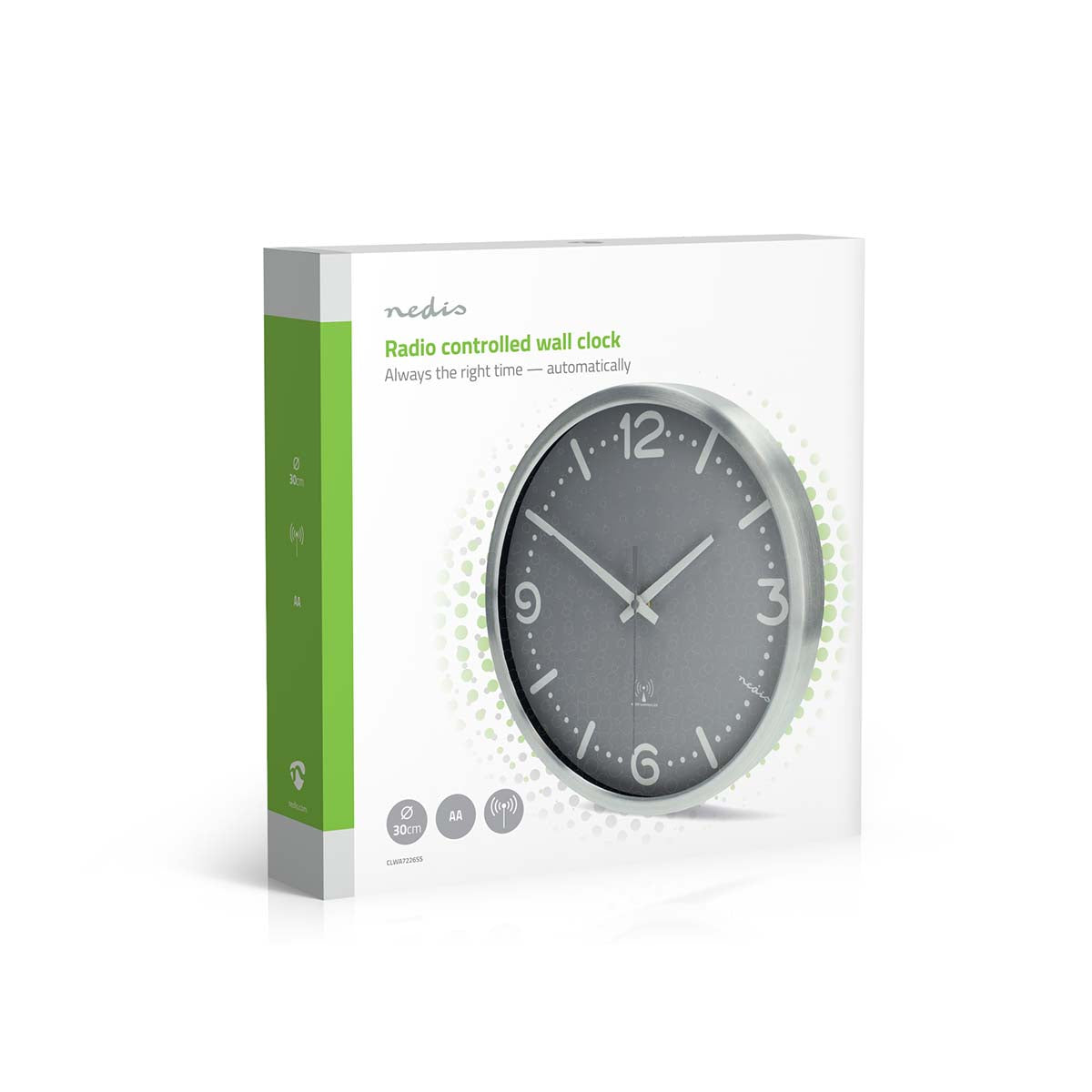 Wanduhr | Durchmesser: 300 mm | Aluminium | Funkgesteuerte Zeit | Leise Bewegung | Grau / Metall