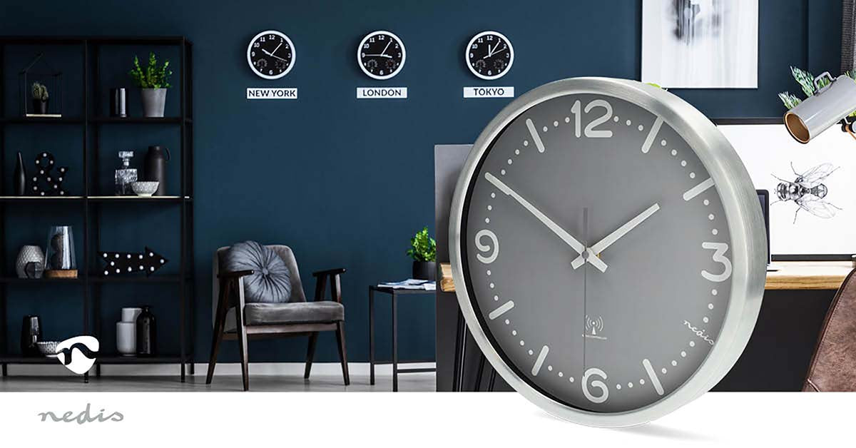 Wanduhr | Durchmesser: 300 mm | Aluminium | Funkgesteuerte Zeit | Leise Bewegung | Grau / Metall
