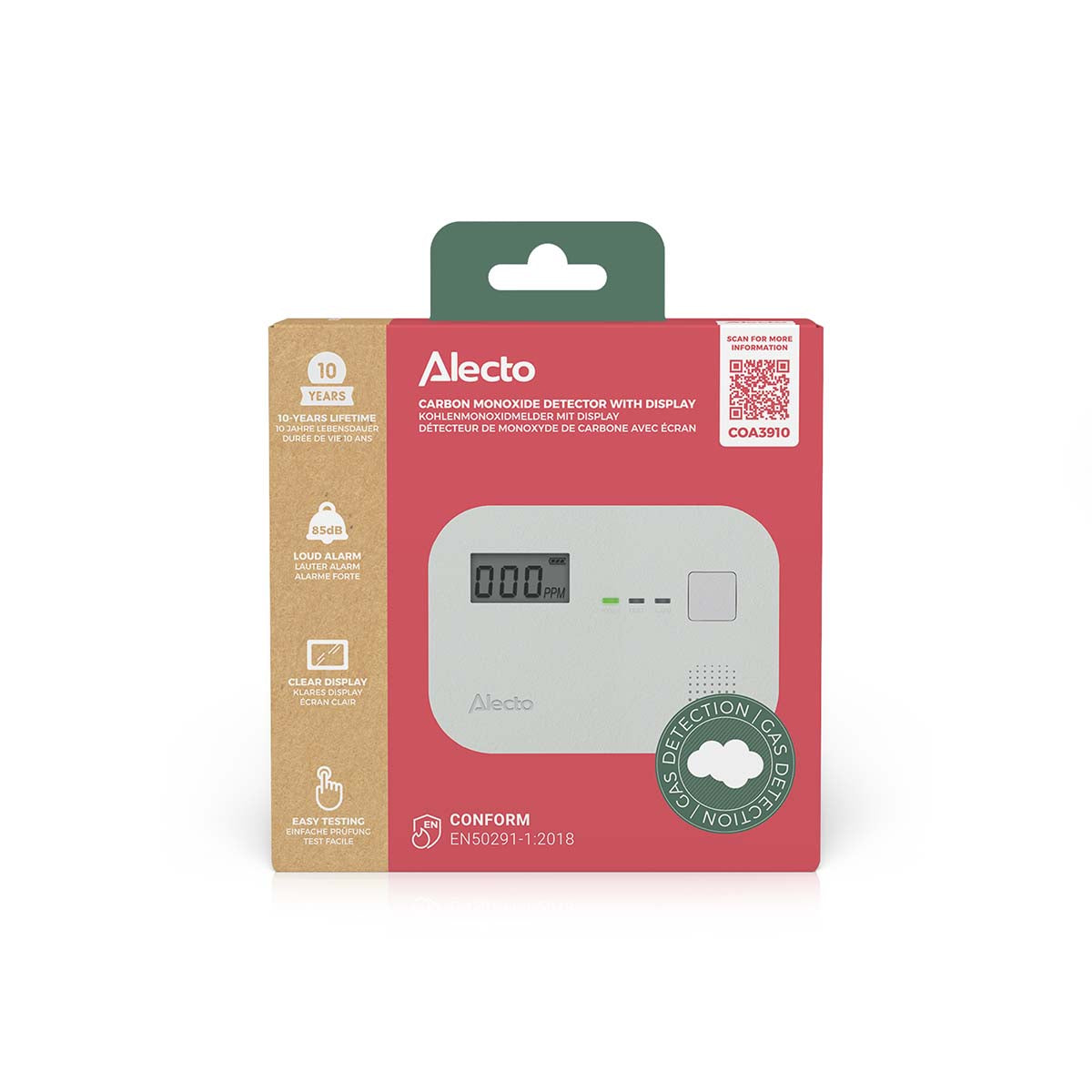 Kohlenmonoxidalarm mit 10 Jahren Sensorlaufzeit und Display
