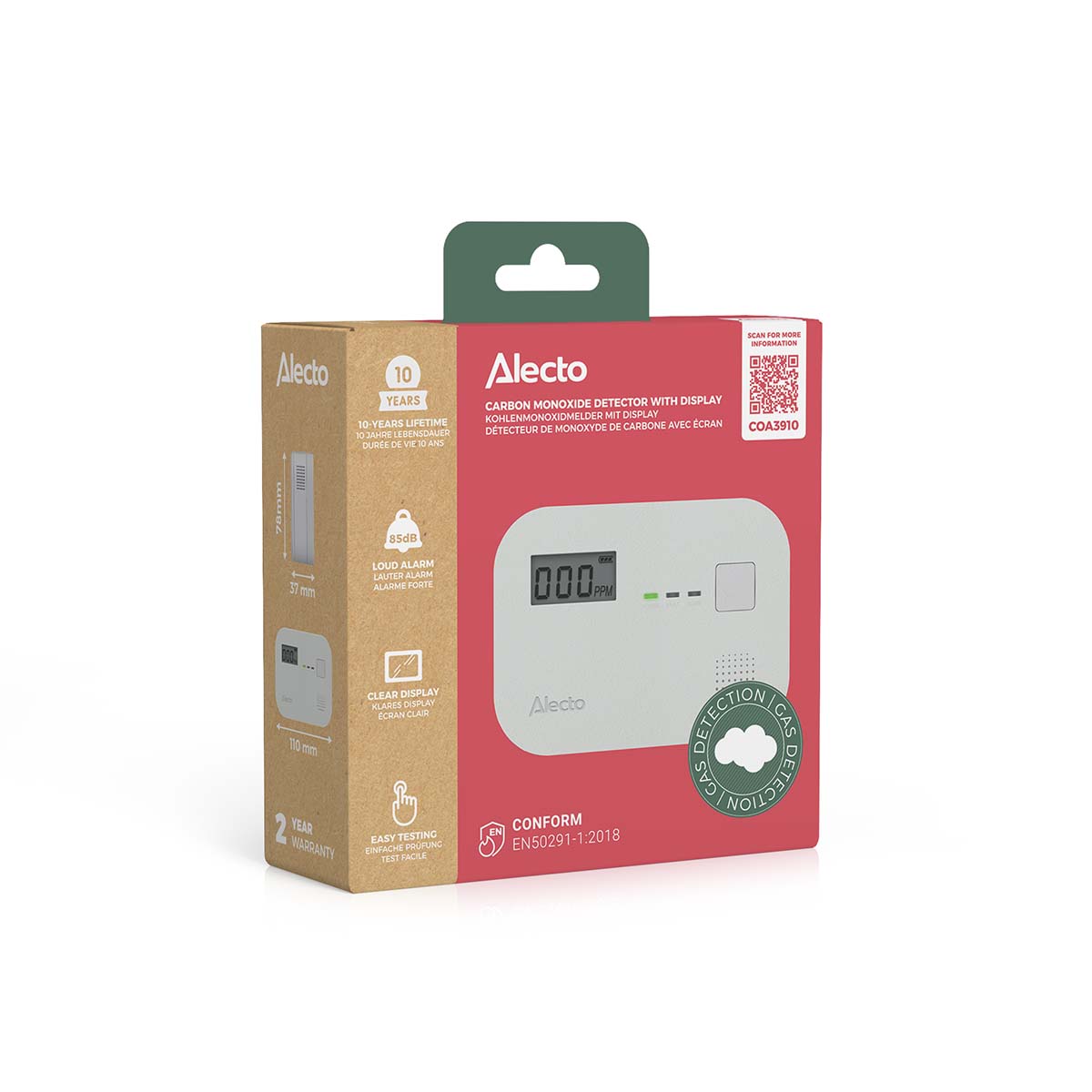 Kohlenmonoxidalarm mit 10 Jahren Sensorlaufzeit und Display