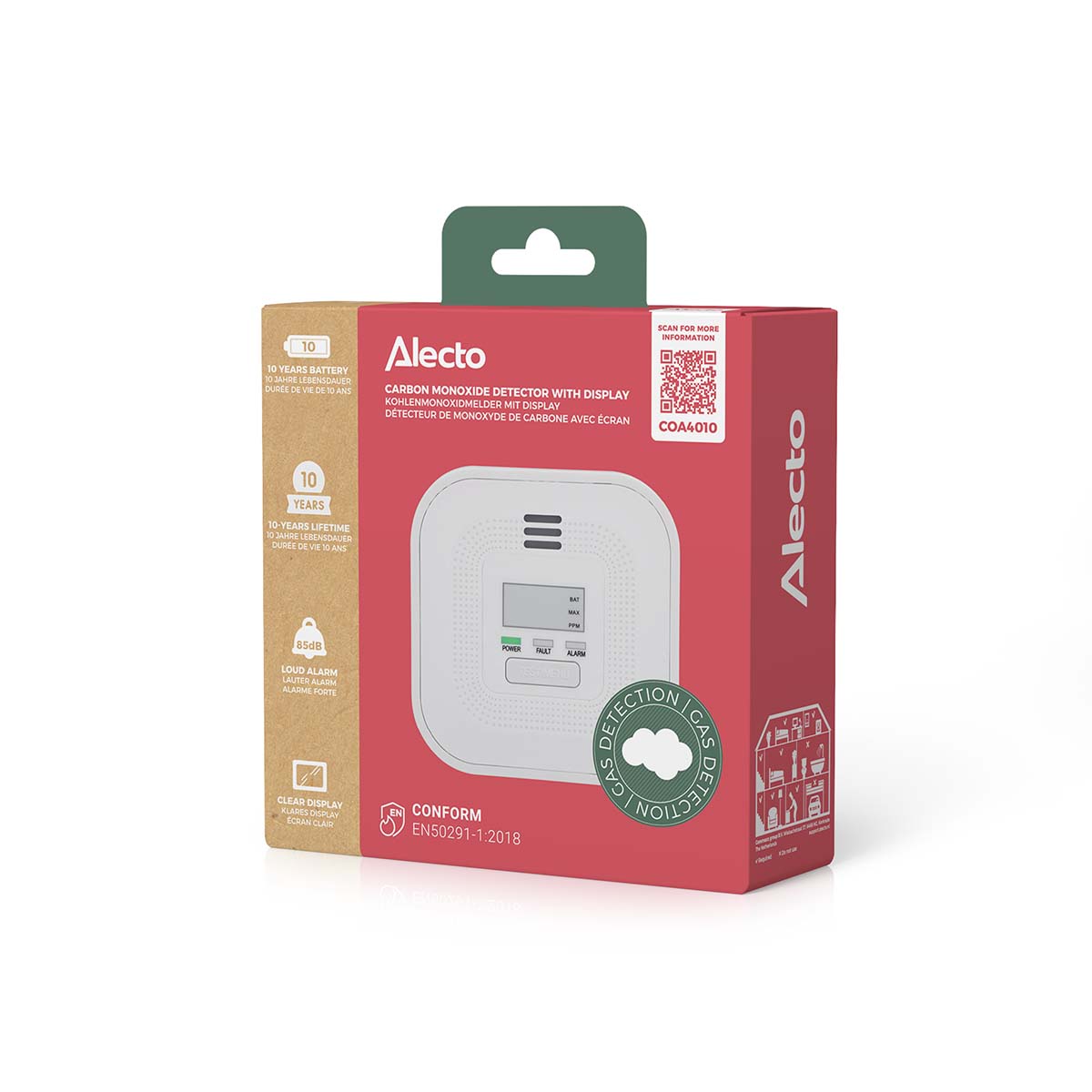 Kohlenmonoxidmelder mit Display und 10 Jahren Batterie- und Sensorlaufzeit Weiß