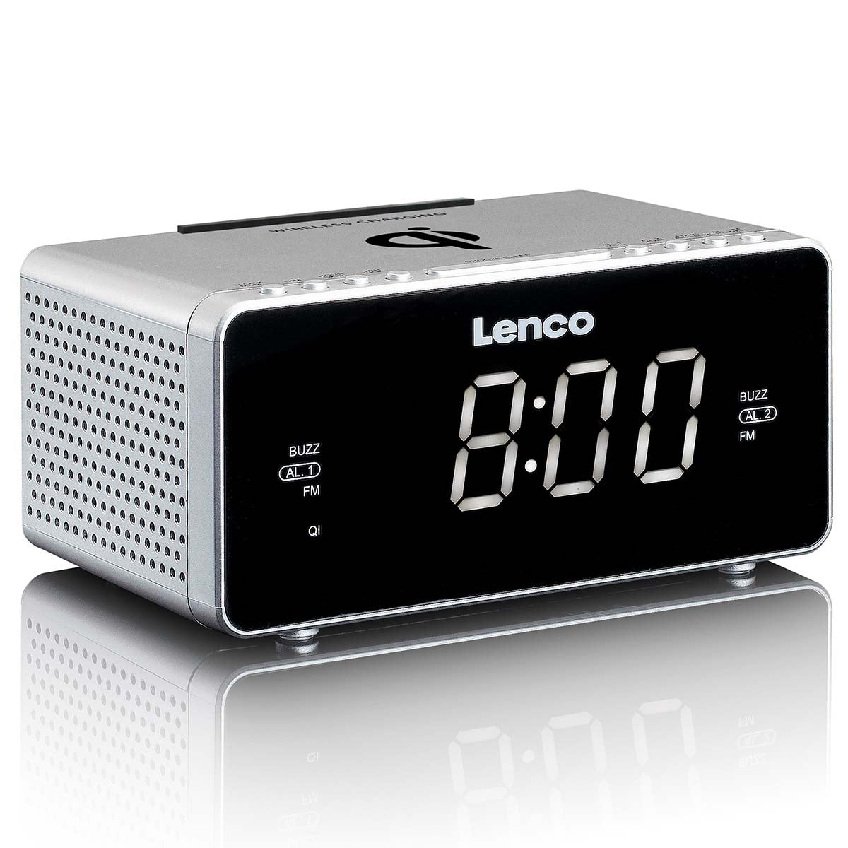 Stereo FM Uhrenradio mit USB und Qi Wireless Smartphone Aufladung Silber