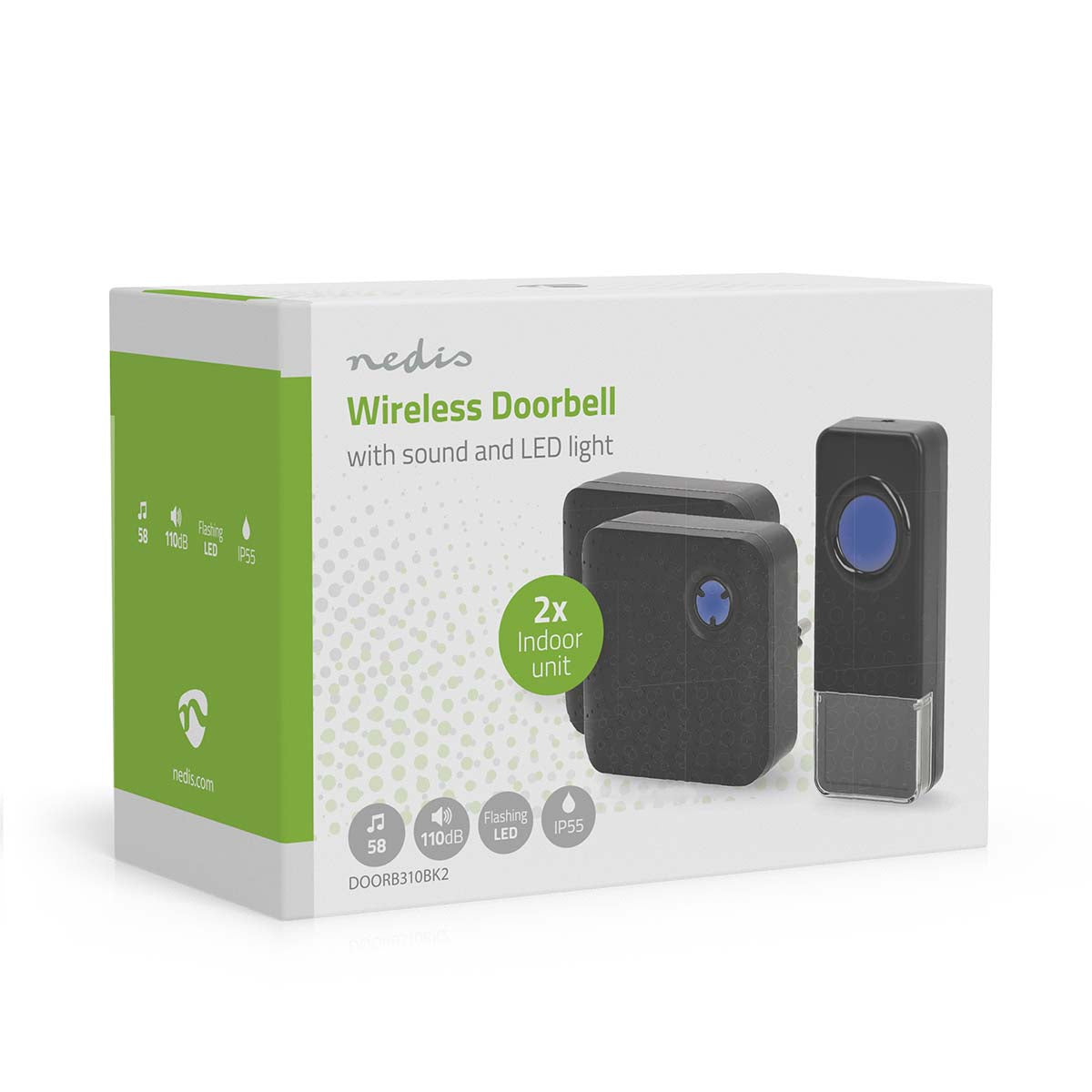 Drahtloses Türklingel Set | Netzstromversorgung | 100 - 240 V AC 50/60 Hz | 1x 23A 12V | Lautstärke: 110 dB | Signalreichweite: 150 m | IP55 | Verstellbares Volumen | 58 Melodien | 2 Empfänger | Schwarz