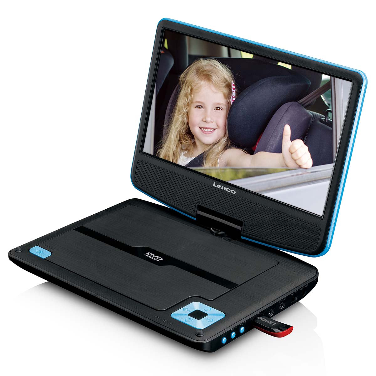 Tragbarer 9"-DVD-Player mit USB-Kopfhörer und Halterung Blau/Schwarz