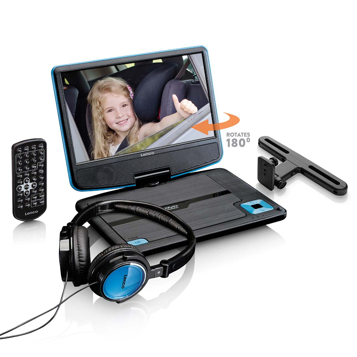 Tragbarer 9"-DVD-Player mit USB-Kopfhörer und Halterung Blau/Schwarz
