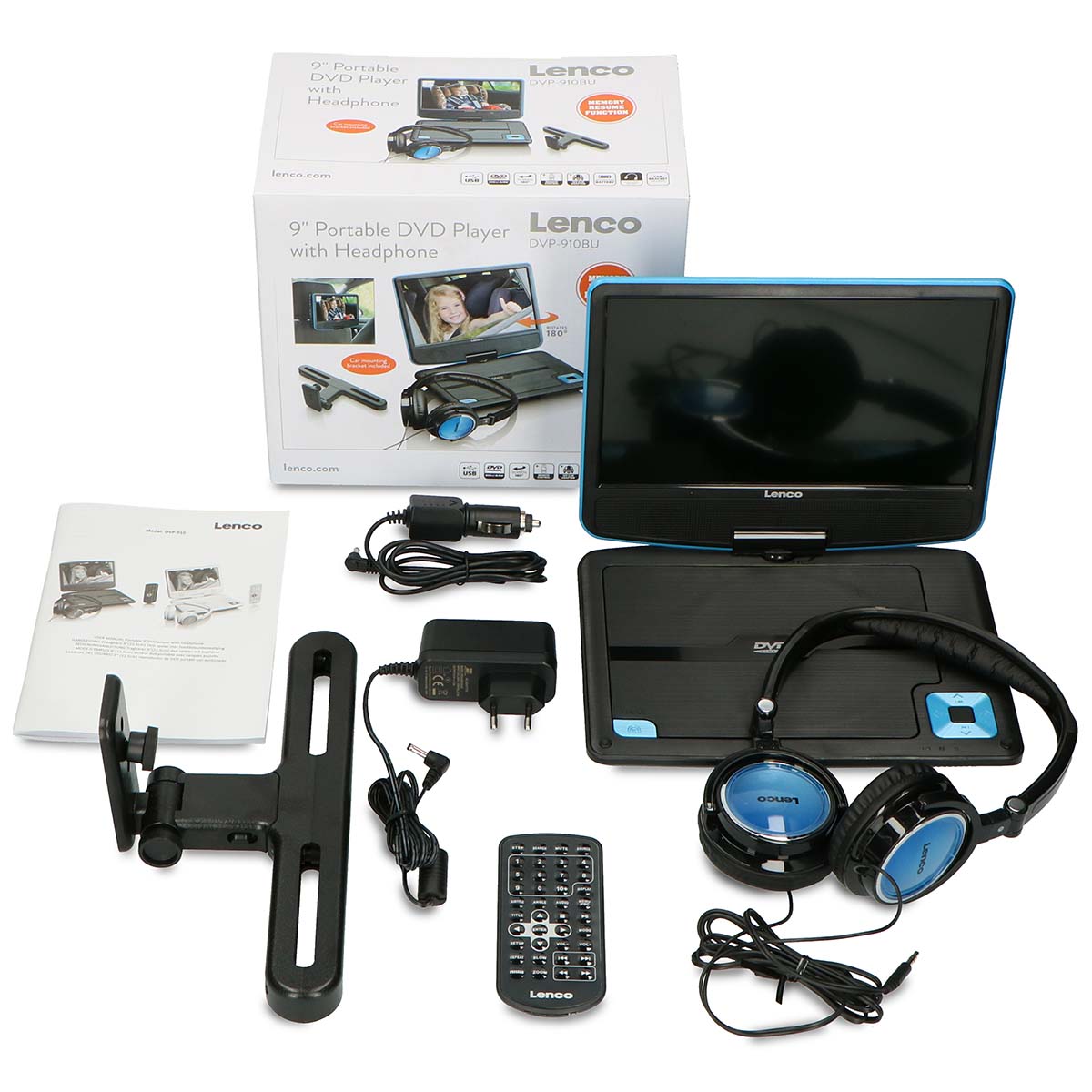 Tragbarer 9"-DVD-Player mit USB-Kopfhörer und Halterung Blau/Schwarz