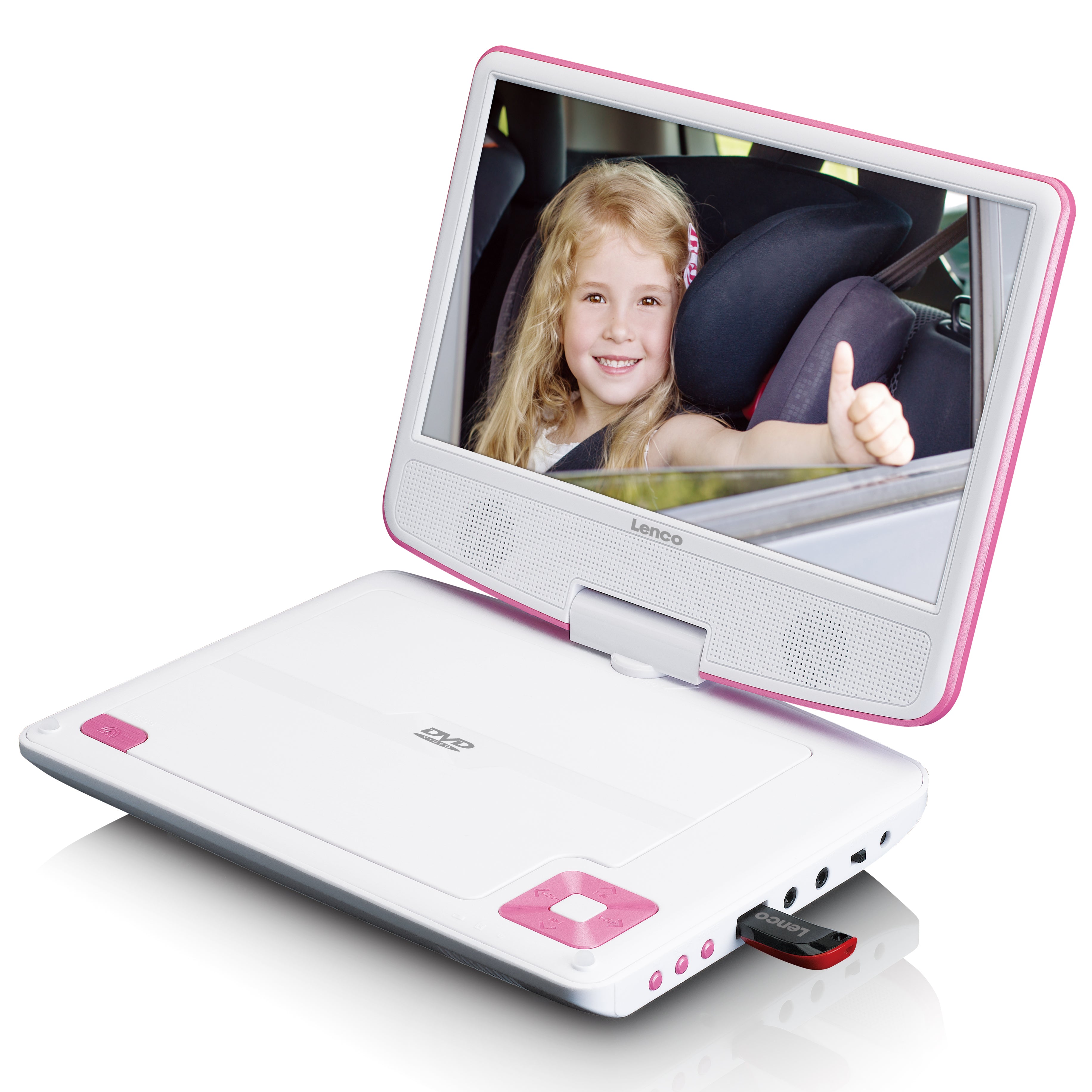 Tragbarer 9"-DVD-Player mit USB-Kopfhörer und Halterung Pink