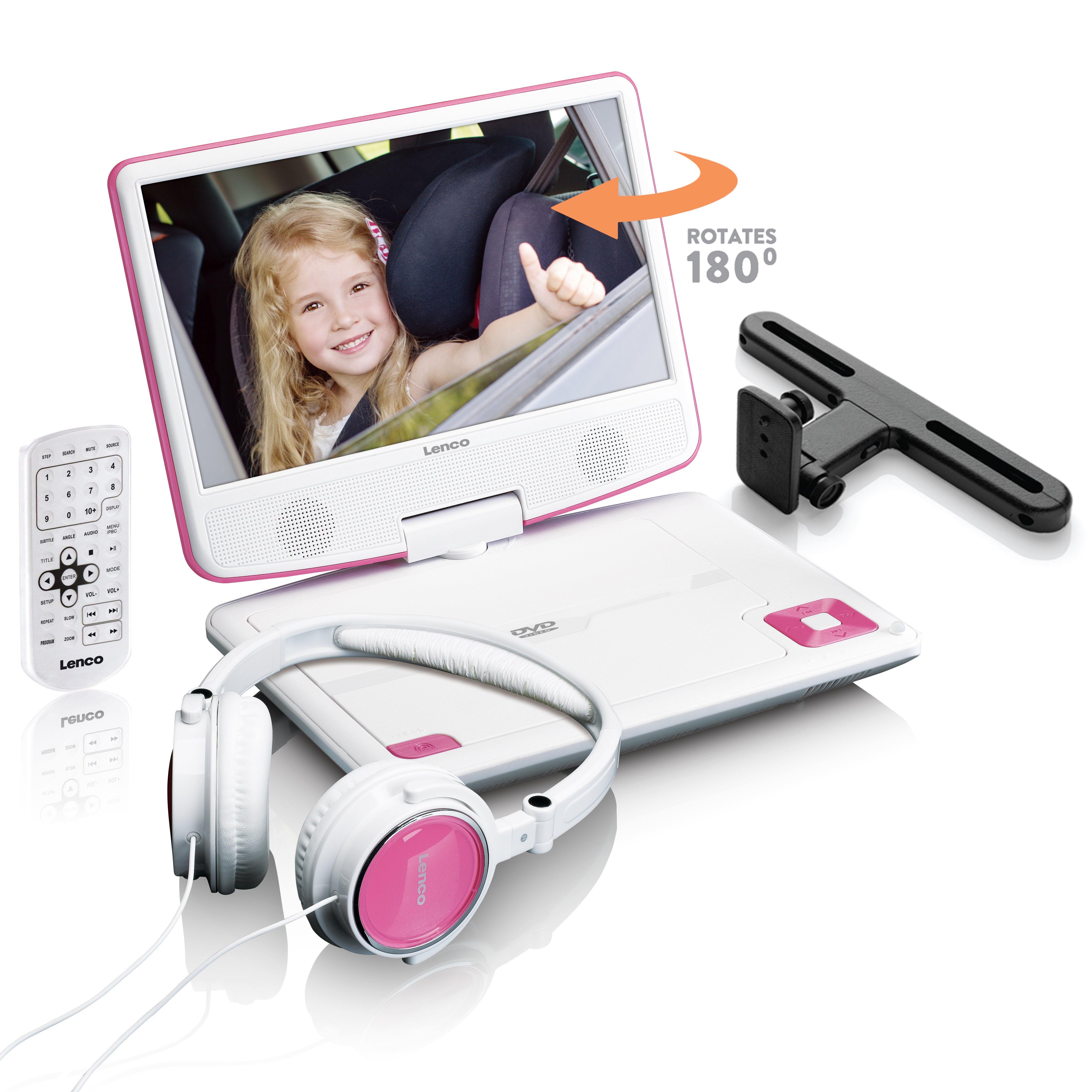 Tragbarer 9"-DVD-Player mit USB-Kopfhörer und Halterung Pink