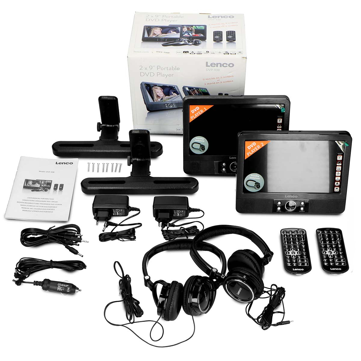 2x 9" tragbarer DVD-Player mit USB SD eingebautem Akku Kopfhörer und Halterung Schwarz