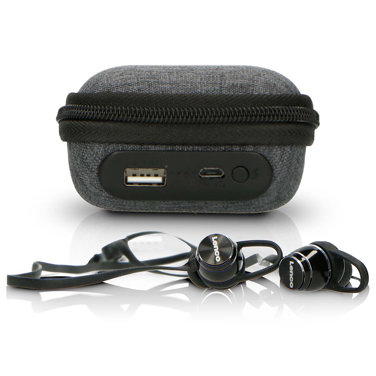 Schweißfeste Bluetooth-Kopfhörer inklusive Powerbank-Tasche Schwarz
