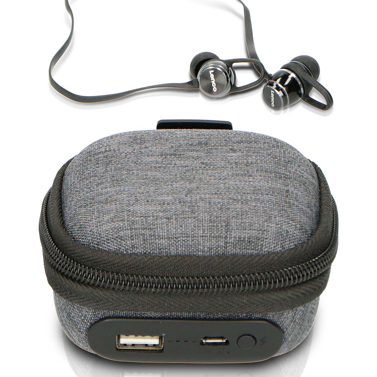 Schweißfeste Bluetooth-Kopfhörer inklusive Powerbank-Tasche Schwarz