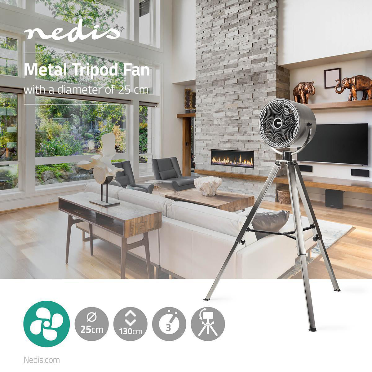 Dreibein Ventilator | 250 mm | 3 Geschindigkeitsstufen | Verstellbare Höhe | 45 W | Richtungsluftstrom | Metall