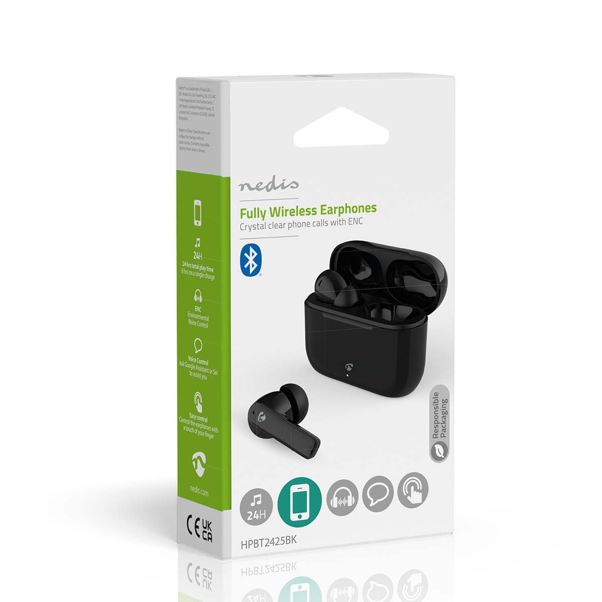 Vollständig drahtlose Kopfhörer | ENC (Environmental Noise Cancelling) | Bluetooth® | max. Batteriespielzeit: 24 Std | Berührungssteuerung | Ladegehäuse | Kabelloses Ladegehäuse | Eingebautes Mikro | Stimmkontrolle | Rauschunterdrückung | IPX4 | Schwarz