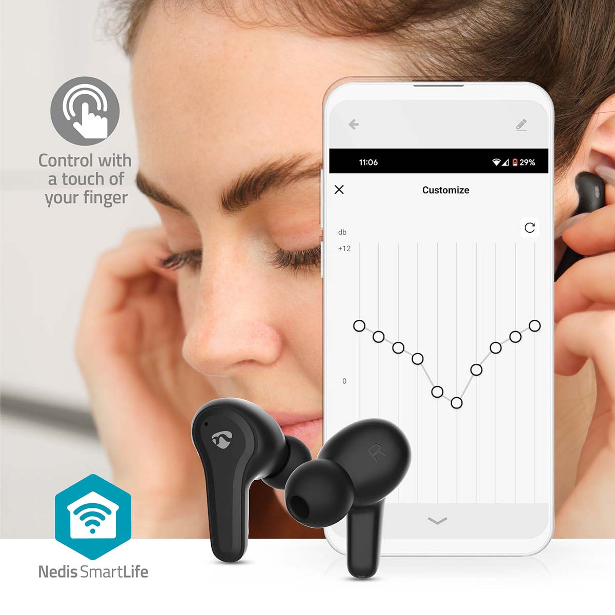 Vollständig drahtlose Kopfhörer | Hybrid (ENC + ANC) | Bluetooth® | max. Batteriespielzeit: 36 Std | Berührungssteuerung | Ladegehäuse | Kabelloses Ladegehäuse | Eingebautes Mikro | Stimmkontrolle | Schwarz