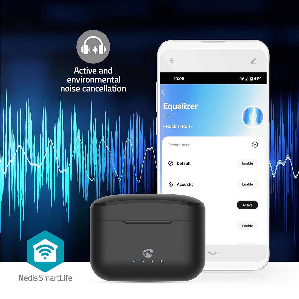 Vollständig drahtlose Kopfhörer | Hybrid (ENC + ANC) | Bluetooth® | max. Batteriespielzeit: 36 Std | Berührungssteuerung | Ladegehäuse | Kabelloses Ladegehäuse | Eingebautes Mikro | Stimmkontrolle | Schwarz