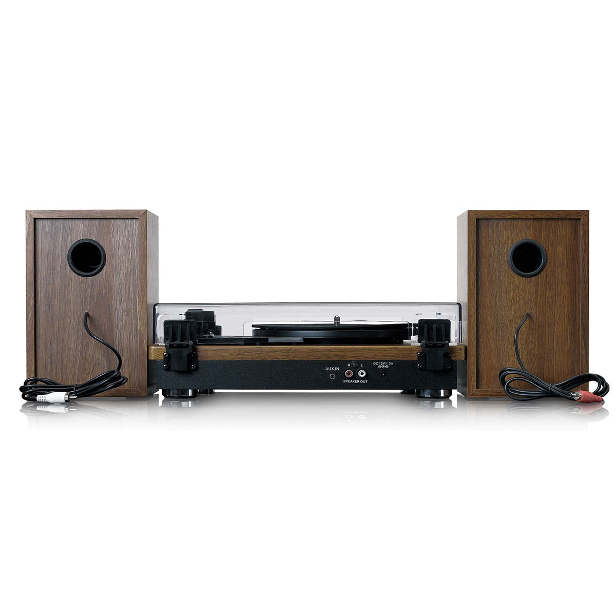 Plattenspieler mit Bluetooth-Empfang und zwei Holzlautsprechern