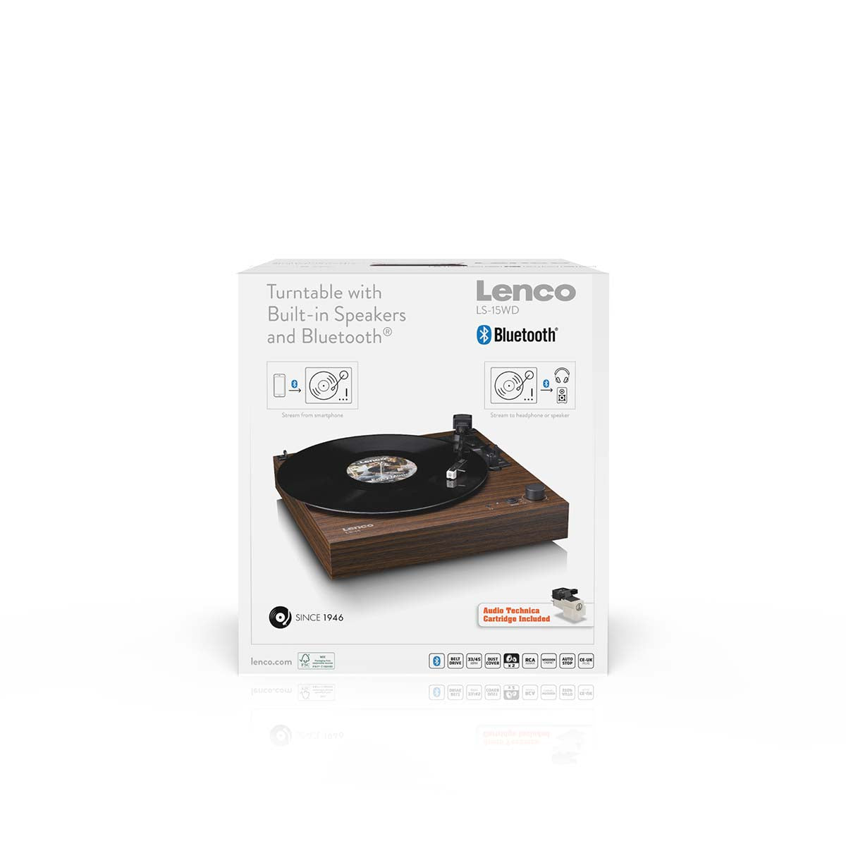Plattenspieler mit Bluetooth®, zwei eingebauten Lautsprechern und AT3600L Tonabnehmer Wood