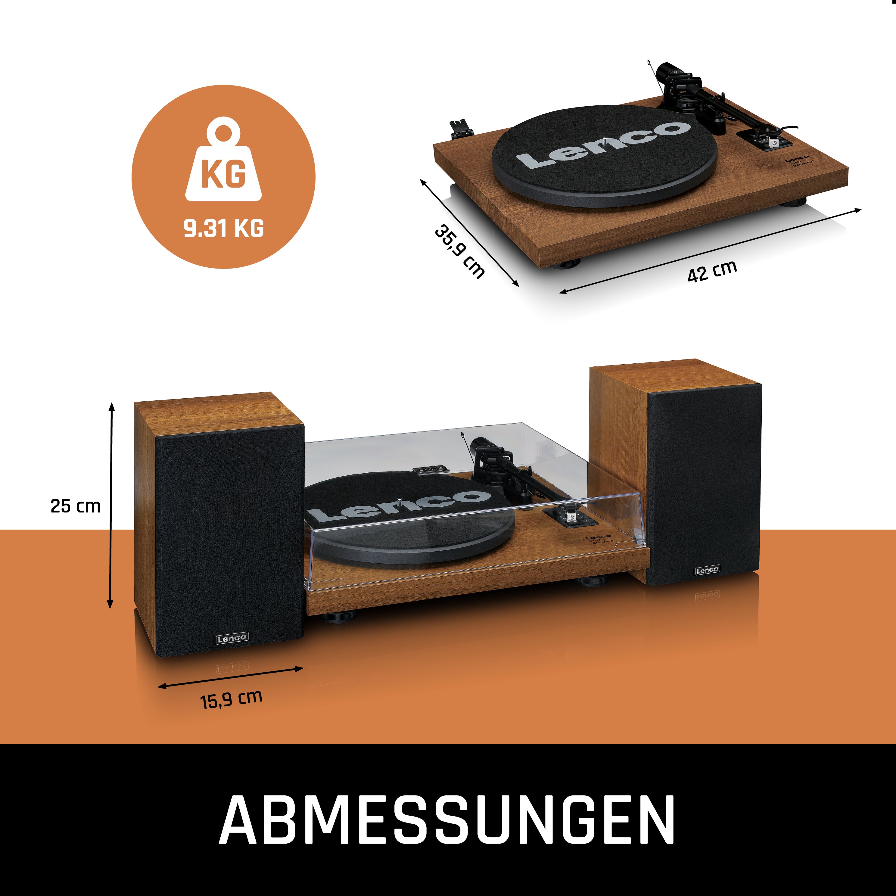 Plattenspieler mit integriertem Verstärker und Bluetooth® plus 2 externe Lautsprecher Wood