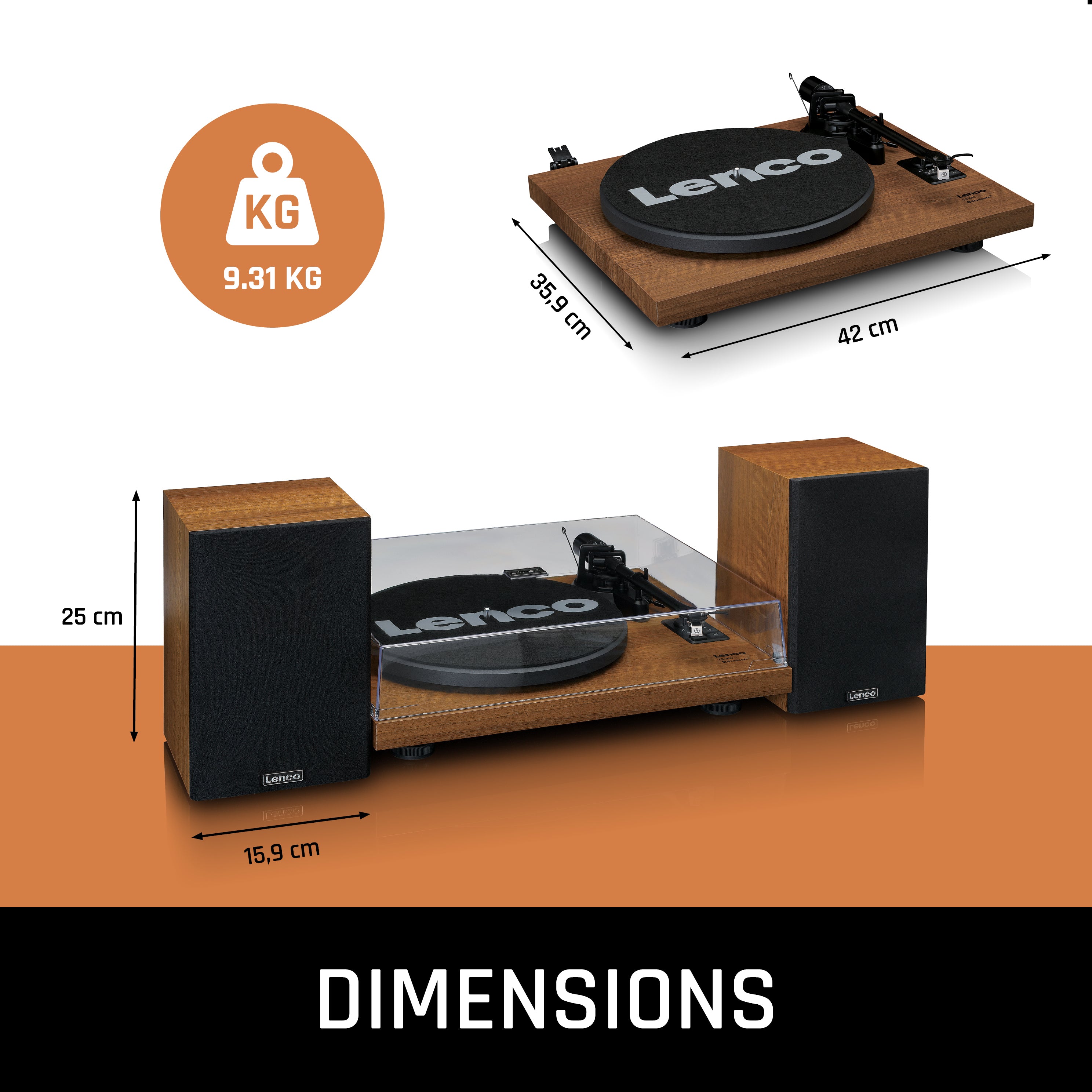Plattenspieler mit integriertem Verstärker und Bluetooth® plus 2 externe Lautsprecher Wood