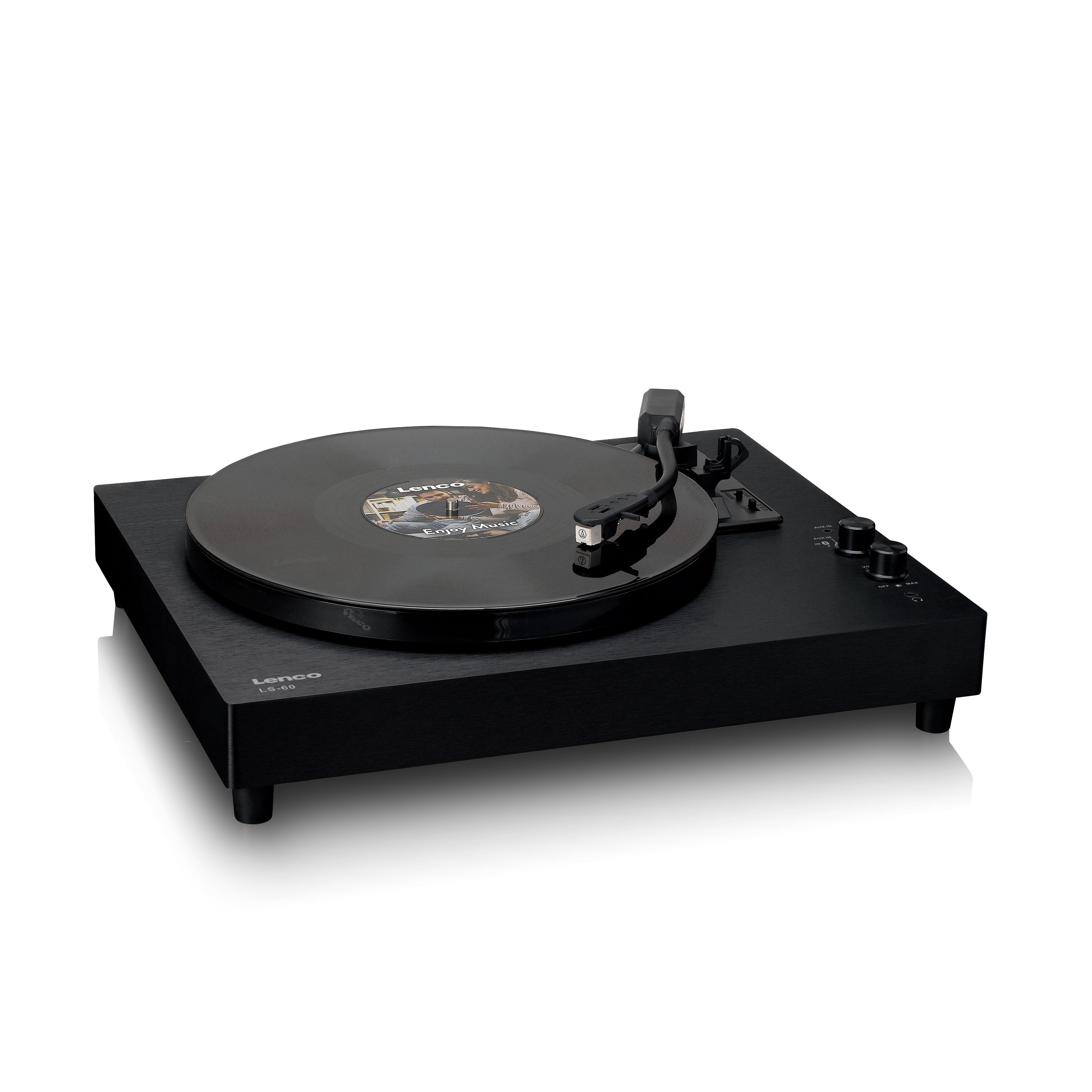 Plattenspieler aus Holz mit eingebauten Lautsprechern und Bluetooth®