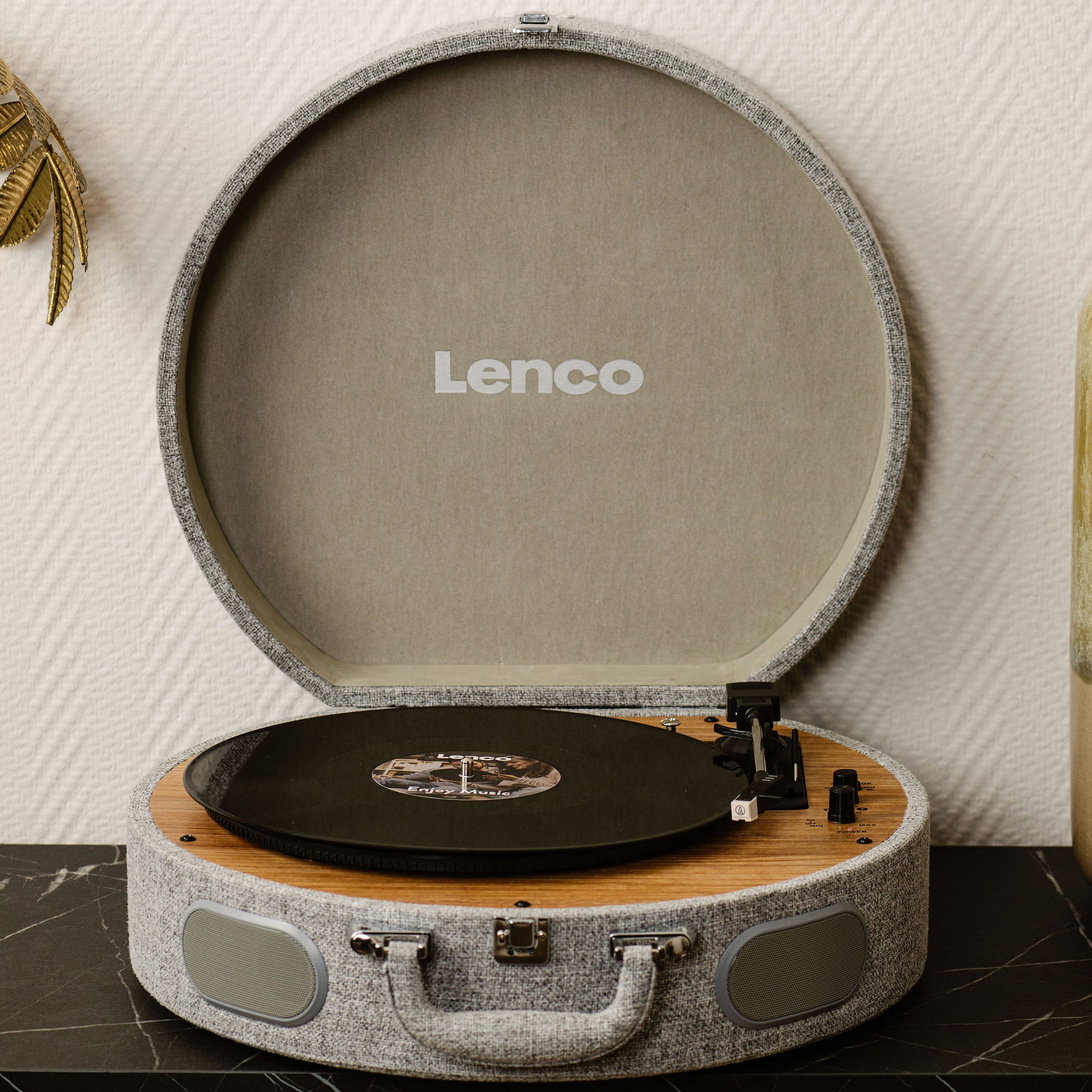 Retro-Schallplattenspieler aus Holz mit eingebauten Lautsprechern, Bluetooth® und AT3600L Tonabnehmer Grau