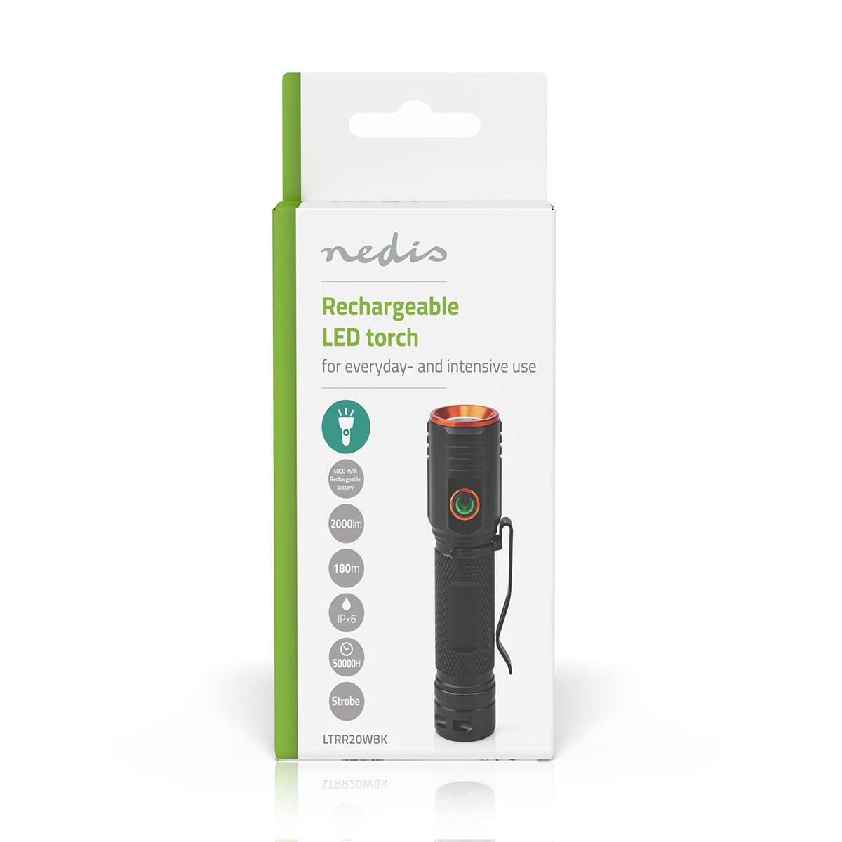 LED-Taschenlampe | Batteriebetrieben | 3.7 V DC | 20 W | N/A | Batterien enthalten | Wiederaufladbar | Nennlichtstrom: 2000 lm | Lichtbereich: 180 m | Strahlungswinkel: 10 °