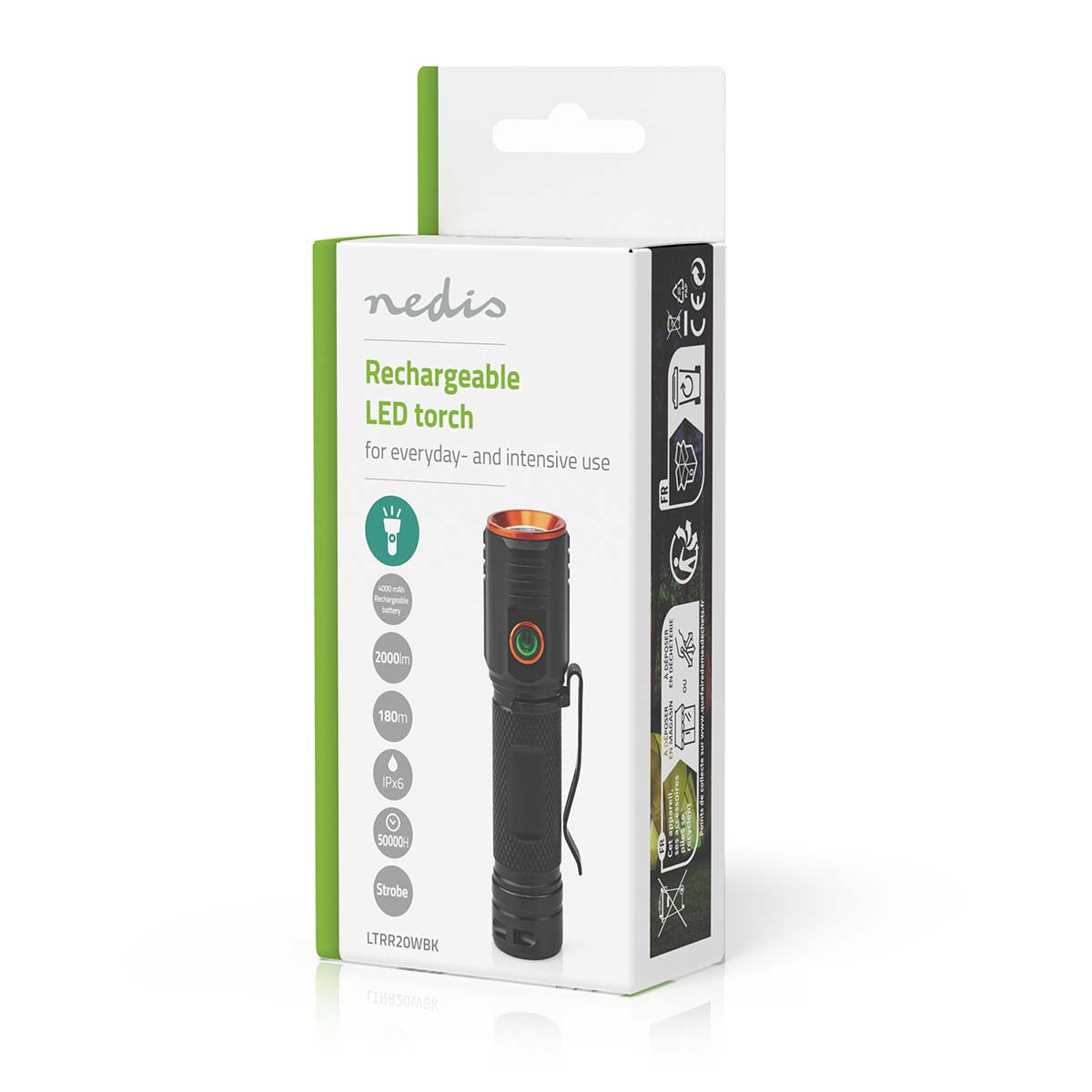 LED-Taschenlampe | Batteriebetrieben | 3.7 V DC | 20 W | N/A | Batterien enthalten | Wiederaufladbar | Nennlichtstrom: 2000 lm | Lichtbereich: 180 m | Strahlungswinkel: 10 °