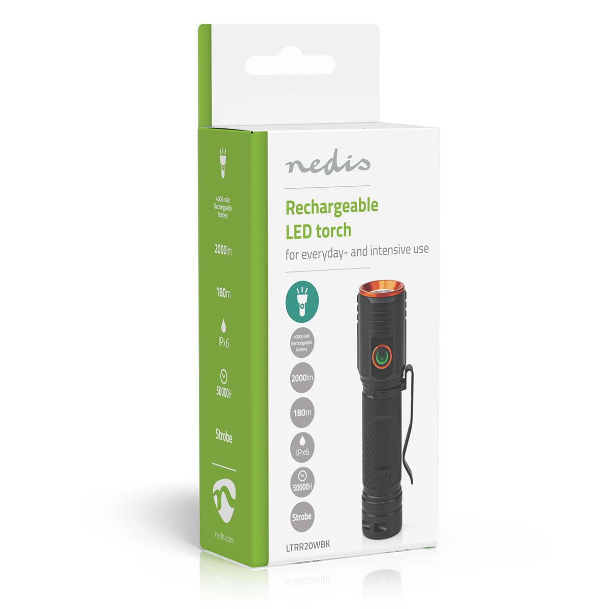 LED-Taschenlampe | Batteriebetrieben | 3.7 V DC | 20 W | N/A | Batterien enthalten | Wiederaufladbar | Nennlichtstrom: 2000 lm | Lichtbereich: 180 m | Strahlungswinkel: 10 °