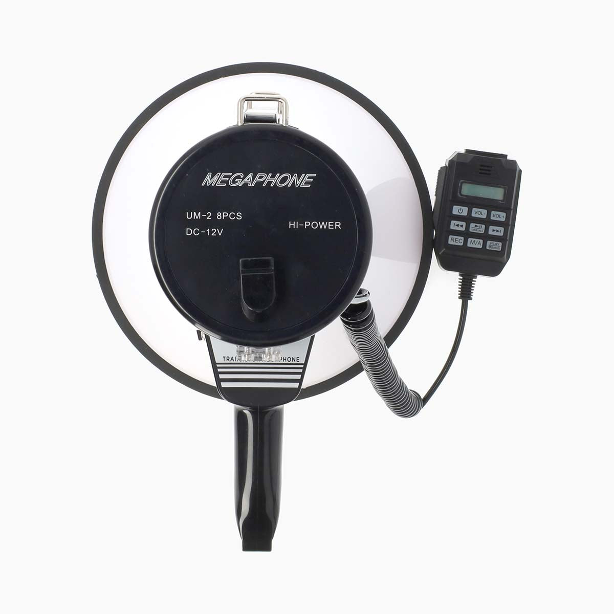 Megaphon | Maximale Reichweite: 1500 m | max. Lautstärke-Regler: 120 dB | Abnehmbares Mikrofon | Eingebaute Sirene | Aufnahmefunktion | USB Wiedergabe | Schulterriemen | Schwarz / Weiss