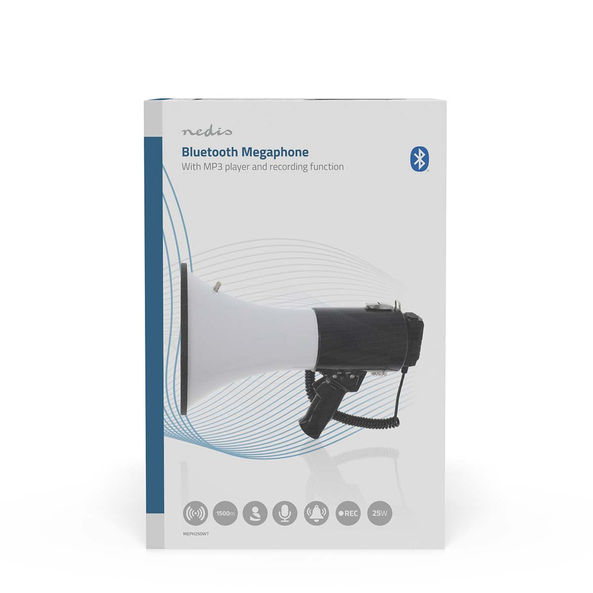 Megaphon | Maximale Reichweite: 1500 m | max. Lautstärke-Regler: 120 dB | Abnehmbares Mikrofon | Eingebaute Sirene | Aufnahmefunktion | USB Wiedergabe | Schulterriemen | Schwarz / Weiss