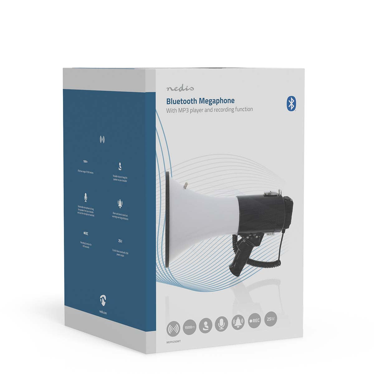 Megaphon | Maximale Reichweite: 1500 m | max. Lautstärke-Regler: 120 dB | Abnehmbares Mikrofon | Eingebaute Sirene | Aufnahmefunktion | USB Wiedergabe | Schulterriemen | Schwarz / Weiss