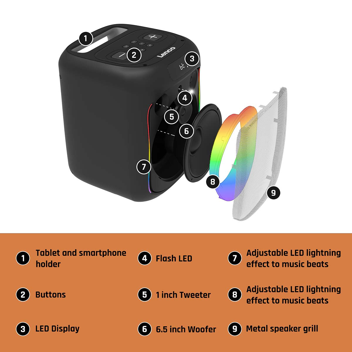 Kompakter IPX4 Bluetooth® Party-Lautsprecher mit drahtlosem Mikrofon