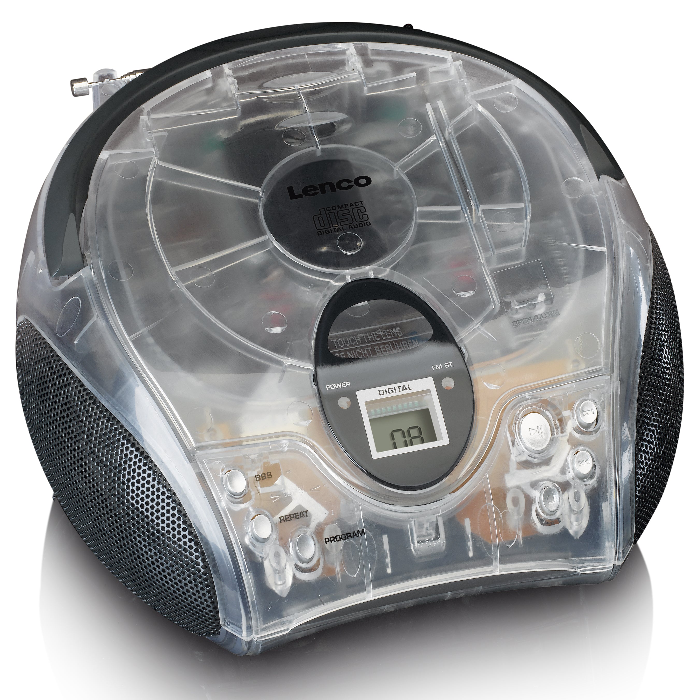 Tragbares Stereo-FM-Radio mit CD-Player Transparent