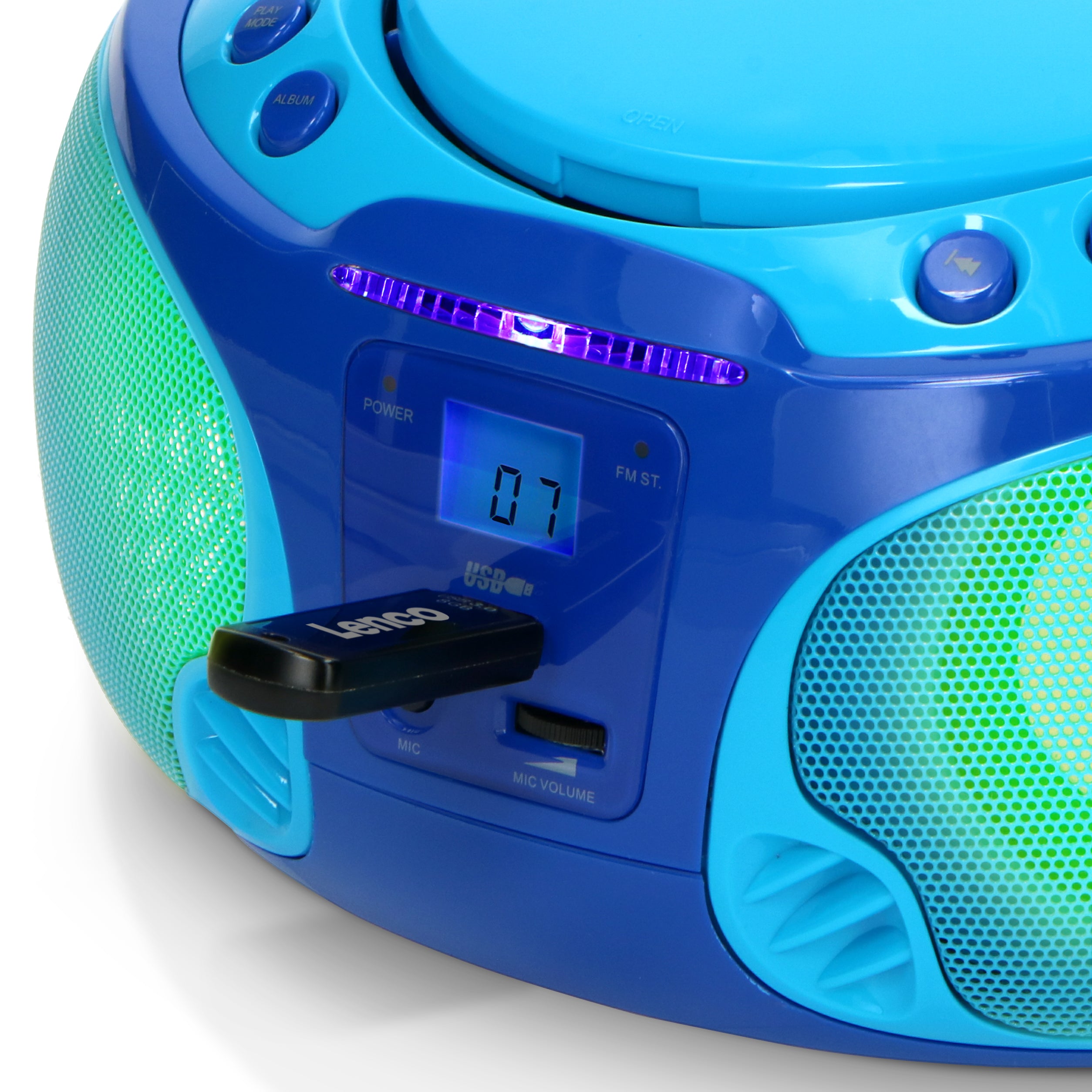Tragbares FM Radio CD/MP3/USB Mikrofon & Lichteffekte Blau