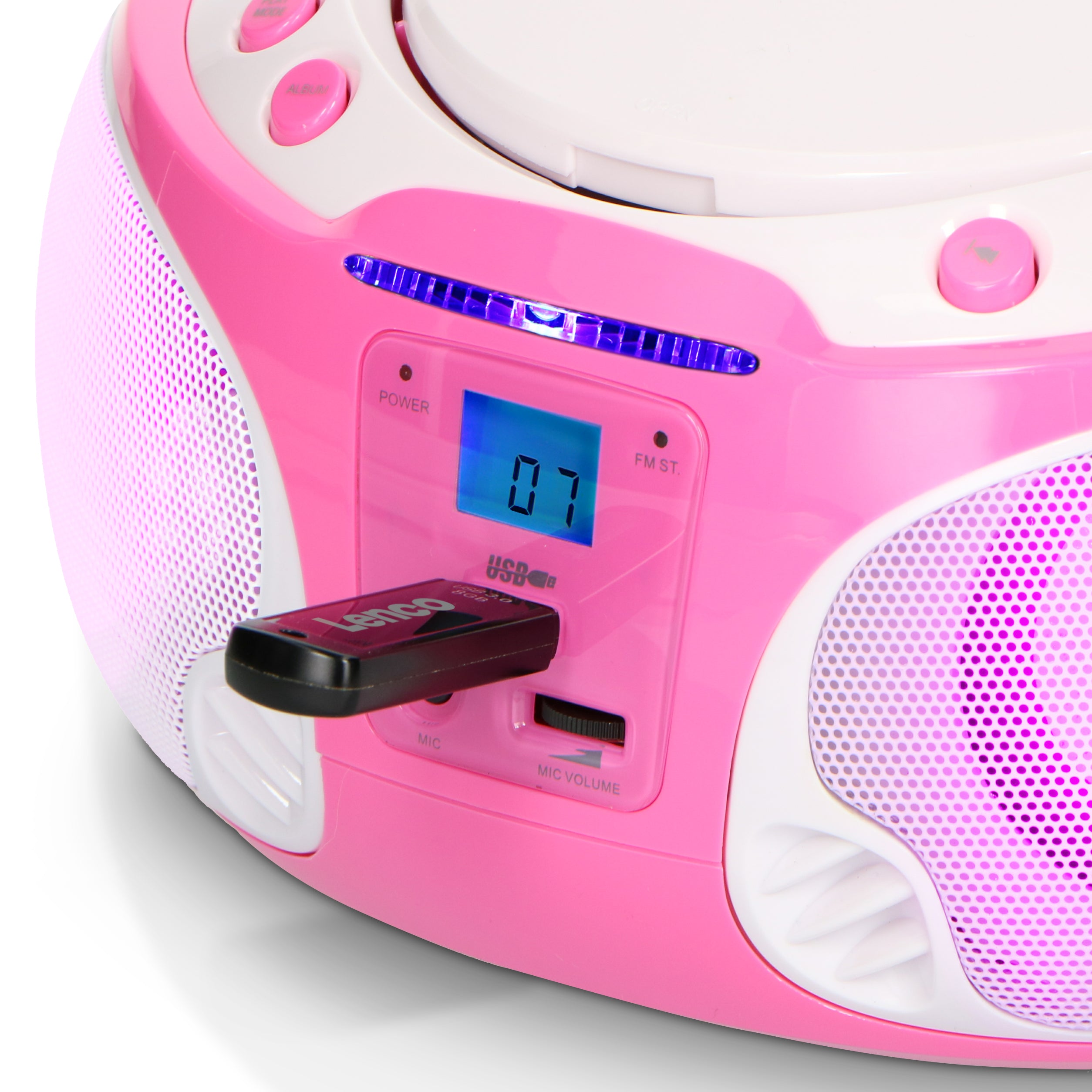 Tragbares FM Radio CD/MP3/USB Mikrofon & Lichteffekte Rosa