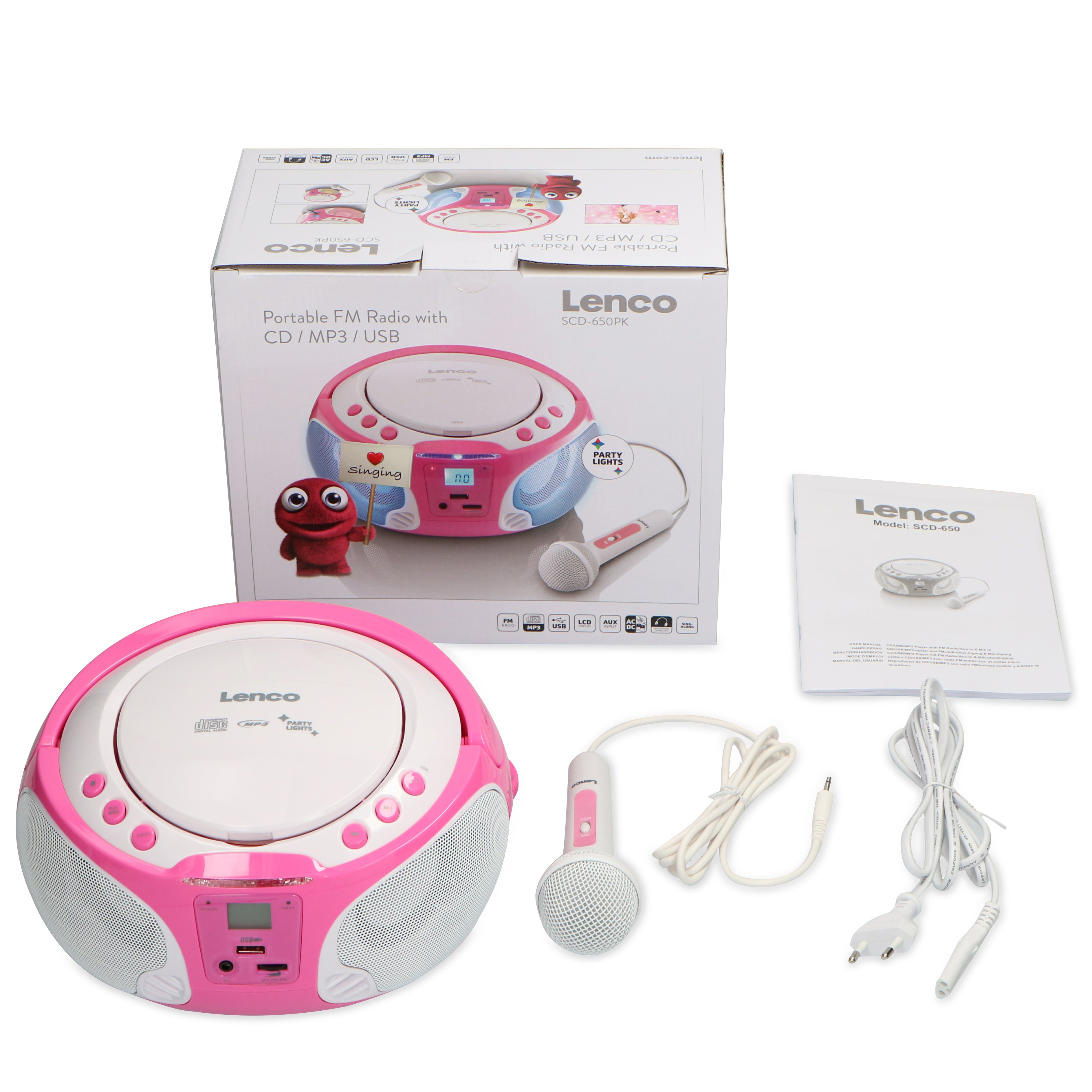 Tragbares FM Radio CD/MP3/USB Mikrofon & Lichteffekte Rosa