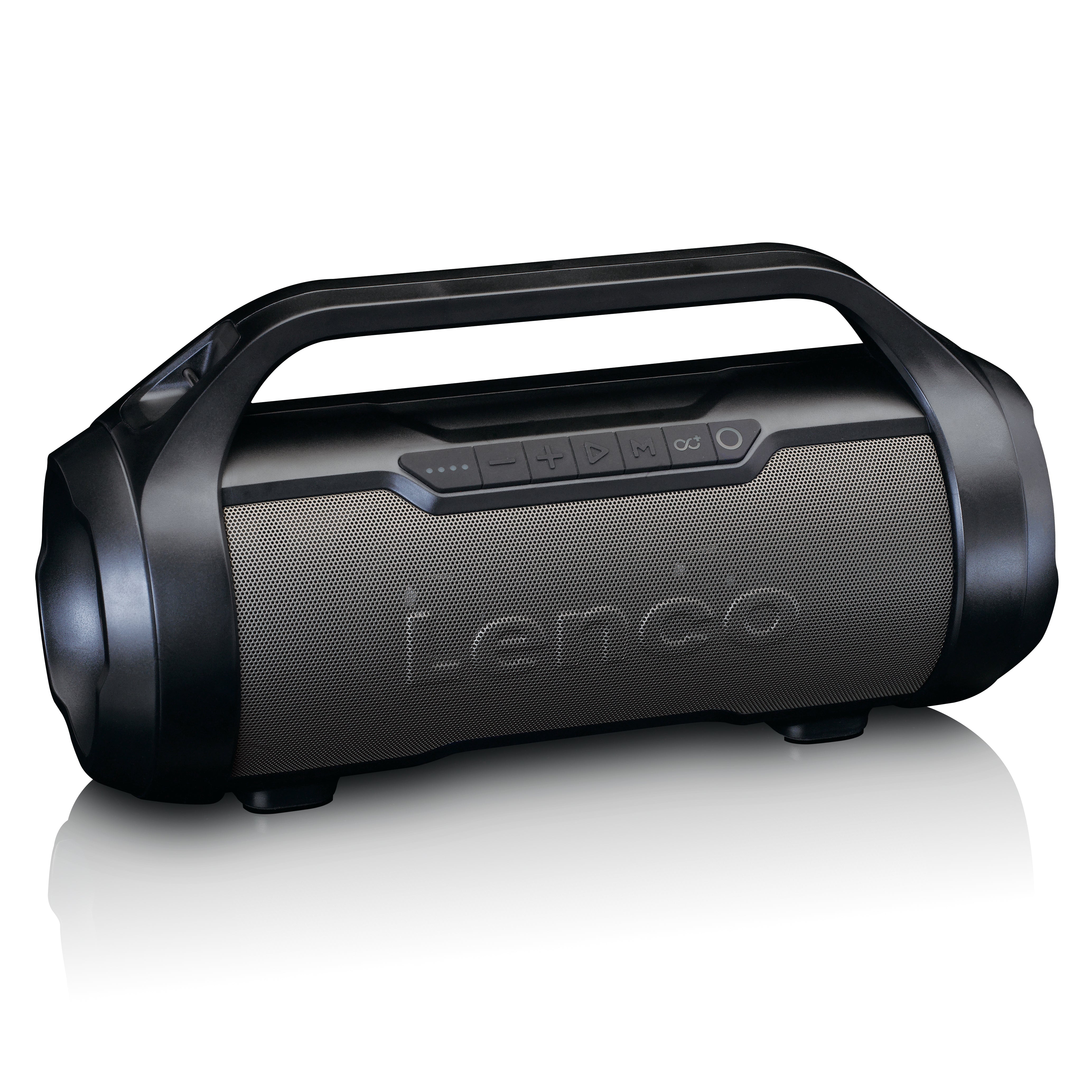 Spritzwassergeschützter Bluetooth®-Lautsprecher mit FM-Radio, USB, SD und Party-Licht Schwarz