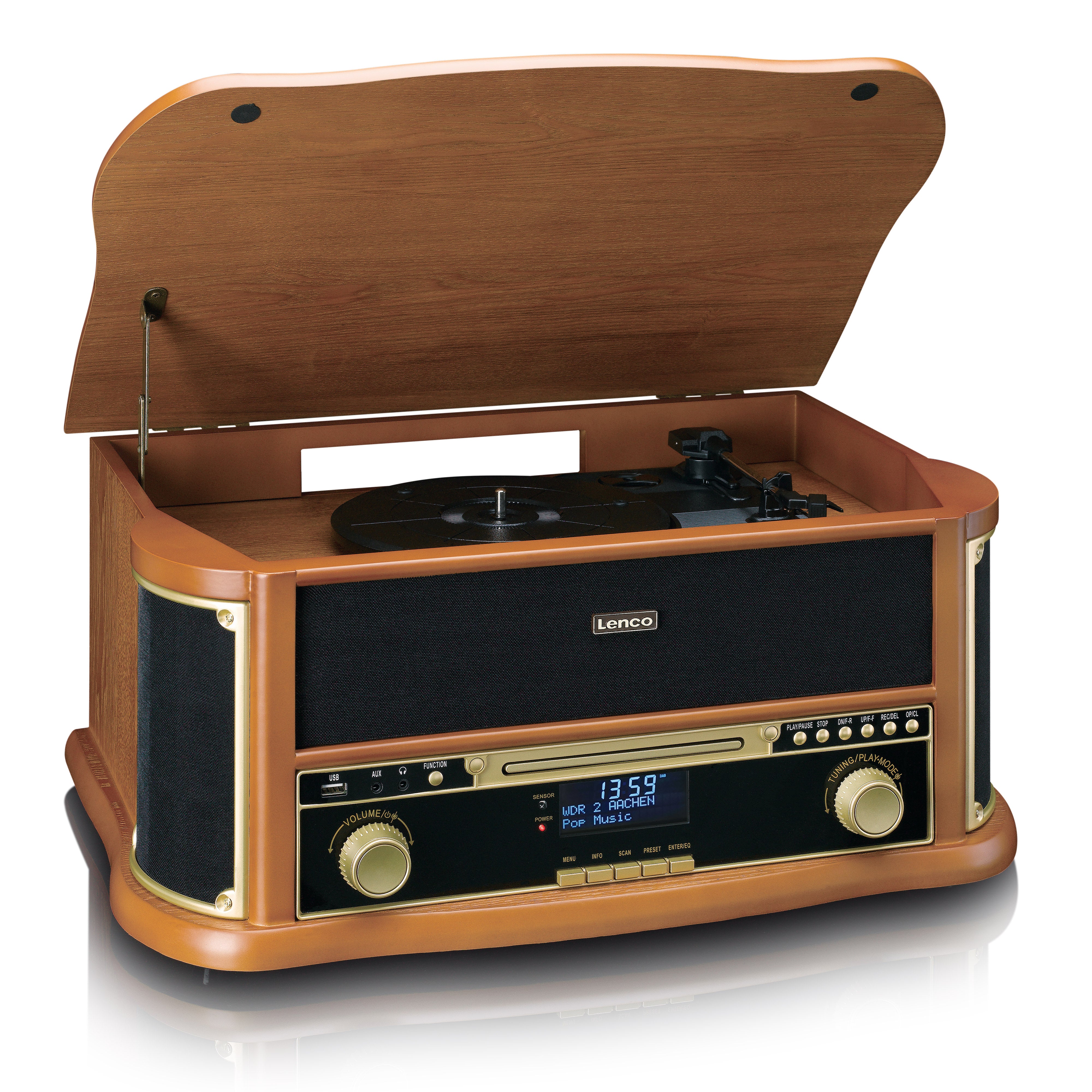 Retro-Plattenspieler aus Holz mit Bluetooth®, DAB+/FM-Radio, USB-Verschlüsselung, CD-Player, Kassettenspieler und eingebauten Lautsprechern