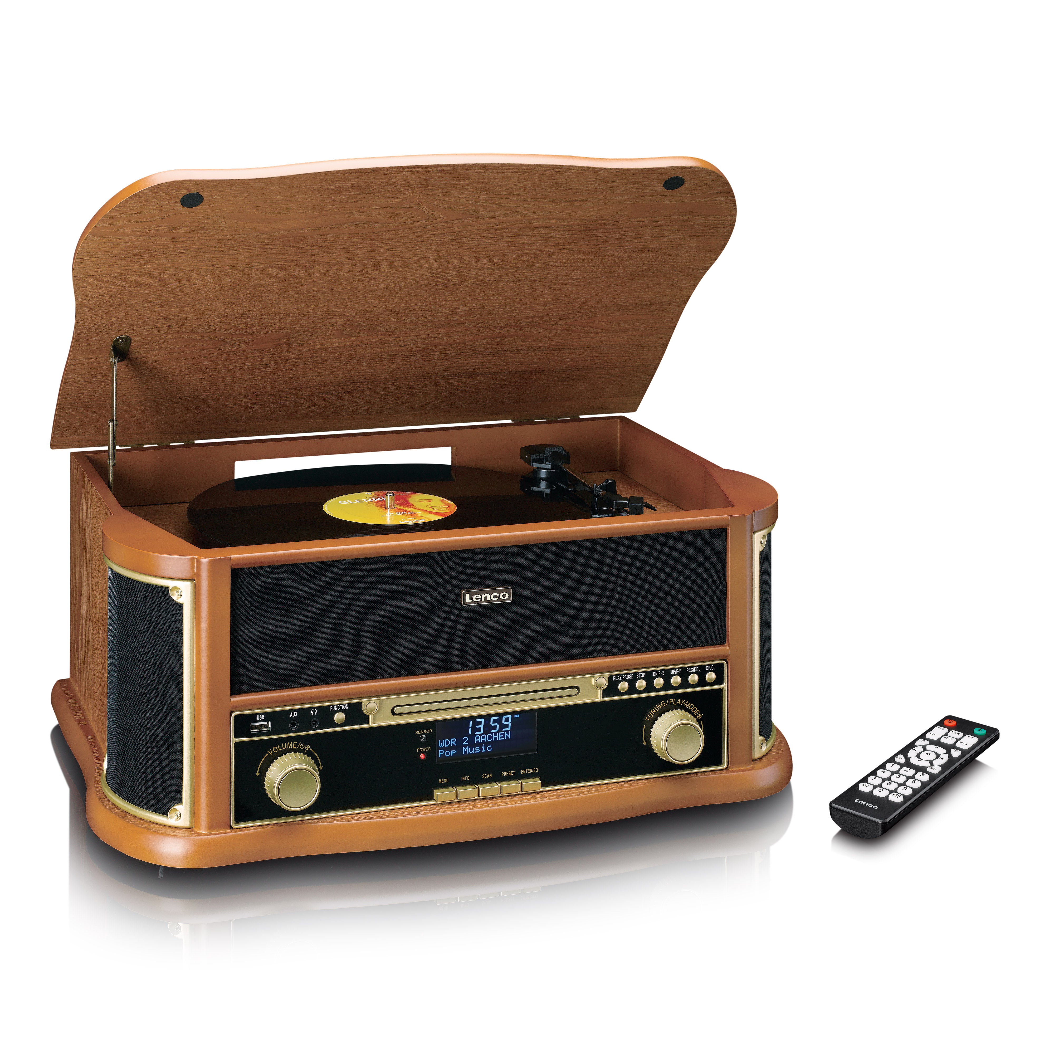 Retro-Plattenspieler aus Holz mit Bluetooth®, DAB+/FM-Radio, USB-Verschlüsselung, CD-Player, Kassettenspieler und eingebauten Lautsprechern